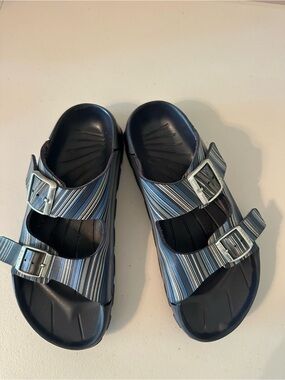 Women's Blue Striped Slide Sandals with Adjustable Buckles